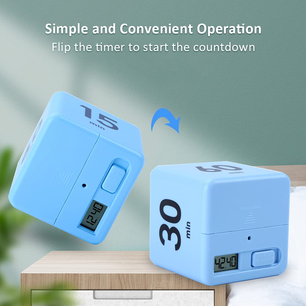 Feilifan Cube Timer Productivity Timer Kids Time Timer Gravity Sensor flip Timer for Time Management and Countdown Settings 15 20 30 60 Minutes  Blue